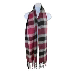 Burgundy Plaid Scarf 68"x13"  Fringe Wrap Grunge Dark Academia Preppy Style